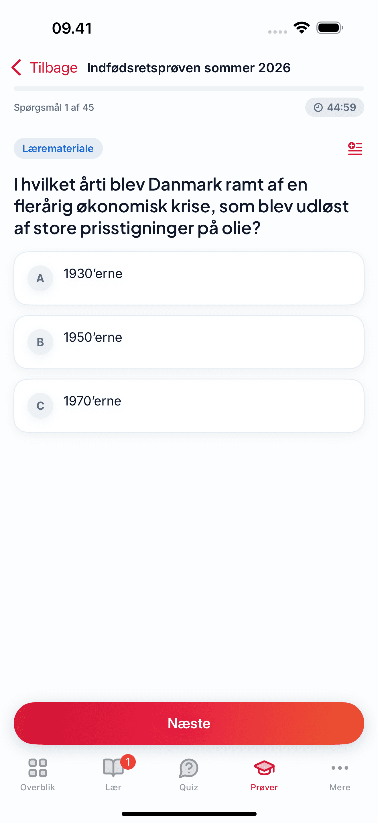 Officiel tidligere prøve med 45 spørgsmål og nedtælling