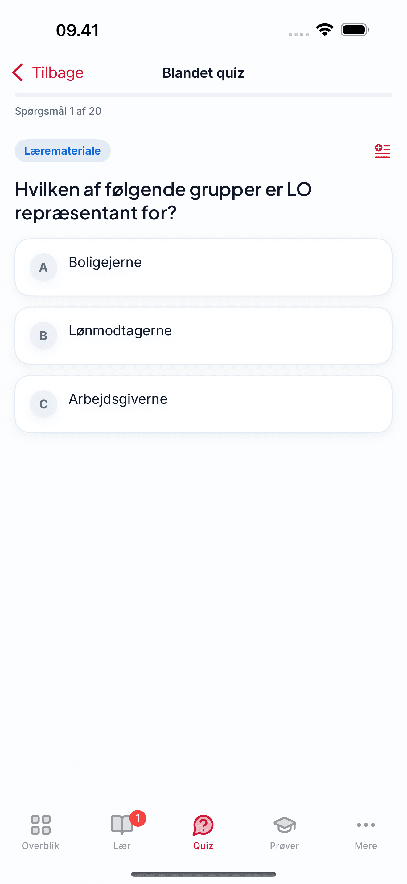 Blandet quiz med spørgsmål og tre svarmuligheder