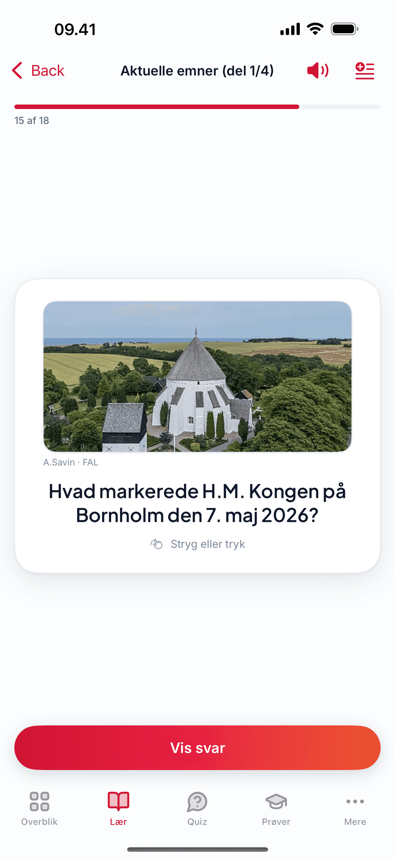 Current-affairs flashcard with a photo and read-aloud control
