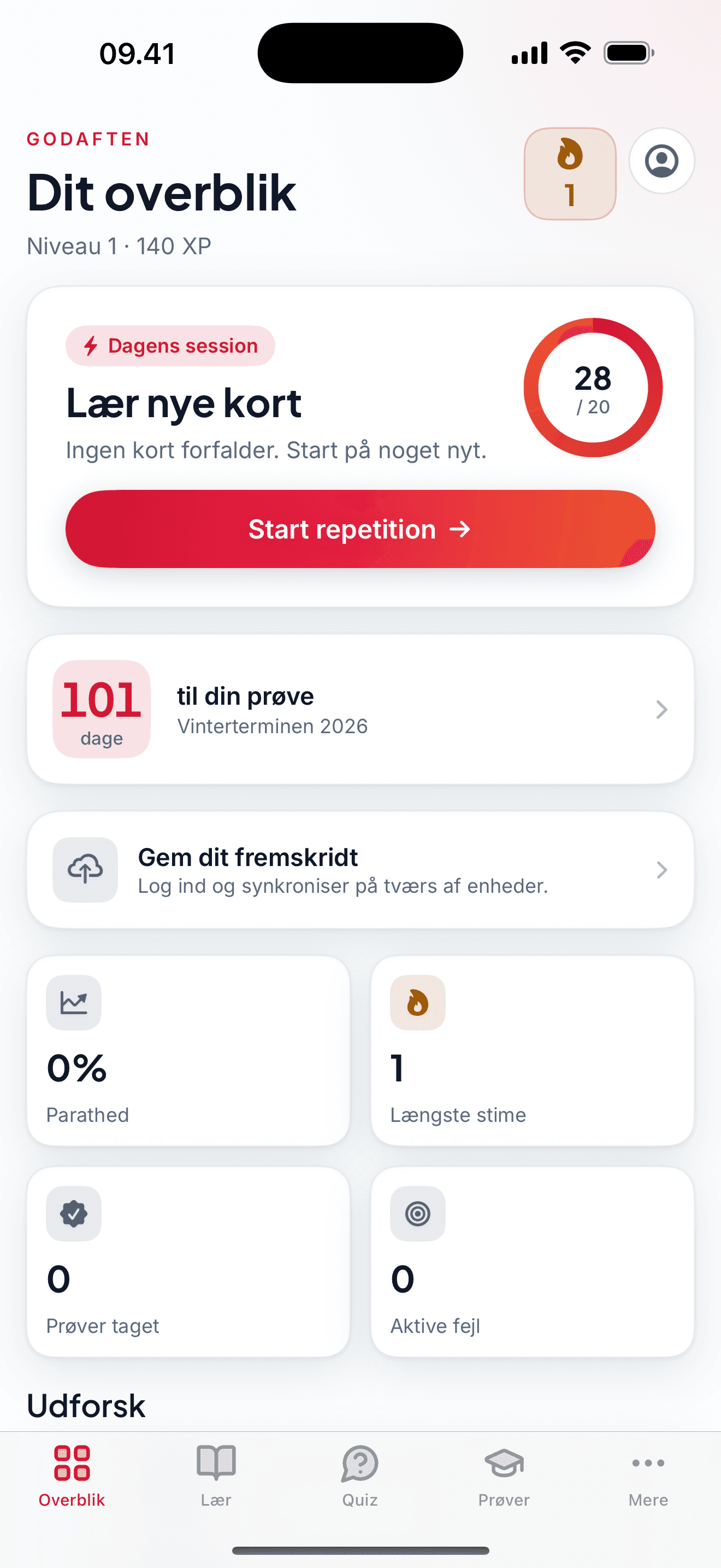 Dashboard with today's session and countdown to the citizenship test